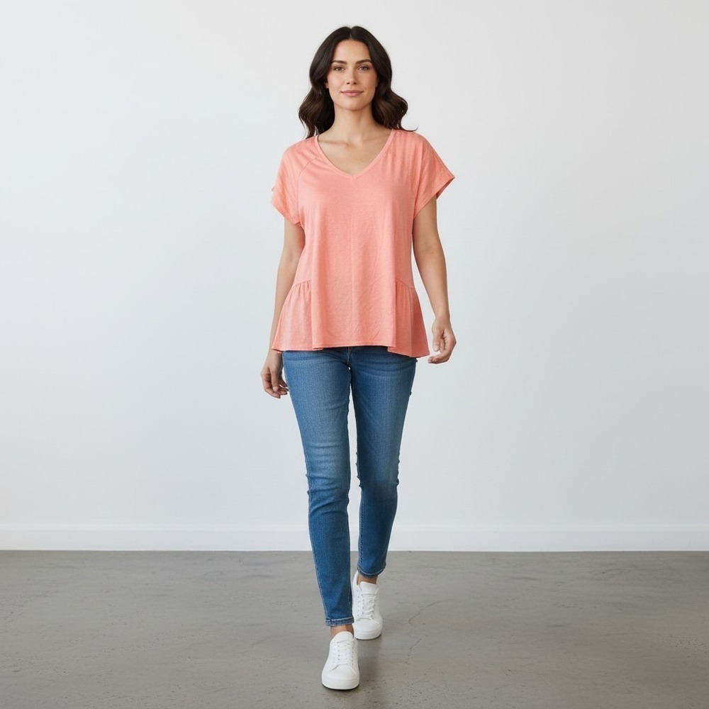 Cato Women's 18/20 Coral Babydoll Linen Cotton Tiered V-neck Boho Top Blouse
